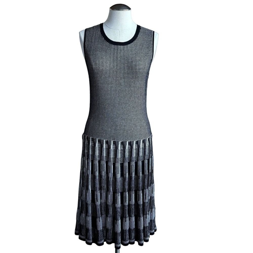Lela Rose Women's Knit Midi Dress Black White Houndstooth Pleated Skirt Small‎